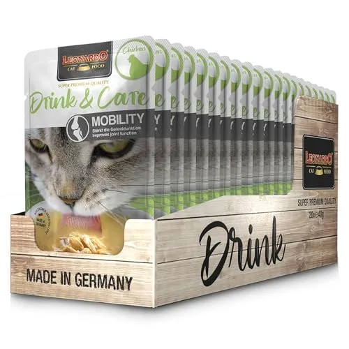 LEONARDO Drink & Care Mobility [20x40g Multipack Sorte Huhn] Katzendrink | getreidefreie Hühnerbrühe mit Fleischstreifen zur Unterstützung der Gelenkfunktion | Ergänzungsfuttermittel für Katzen