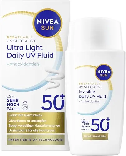 Nivea Sun invisible daily UV-Fluid LSF 50+ (40ml) - Sonnenschutzmittel mit hohem Lichtschutzfaktor 50+, wasserfest und ideal für alle Hauttypen. Schützt das Gesicht vor UV-Strahlen und bietet antioxidativen Schutz.