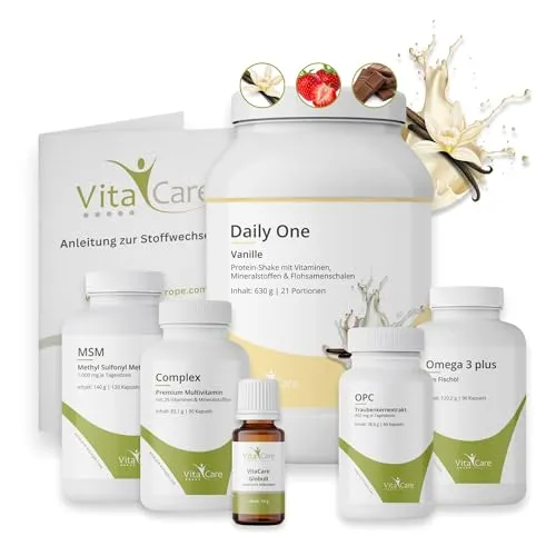 VitaCare 21-Tage Stoffwechsel-Kur Vanille, 7-teiliges Komplettpaket für HCG-Diät mit Proteinshake, MSM, Multivitamin, Omega 3 plus, OPC & Globuli