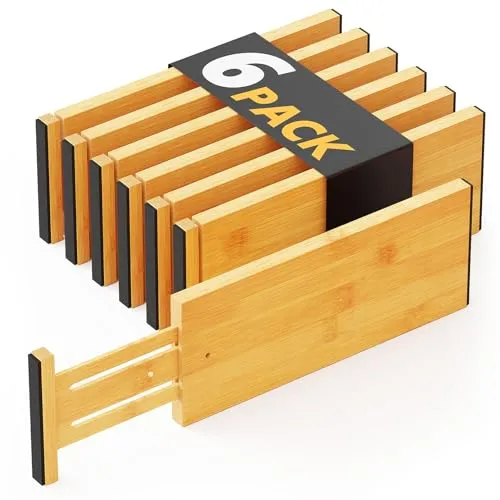 SpaceAid Schubladenteiler aus Bambus, 6 Stück, 11,8 cm hoch, verstellbar, 31,8 cm - 43,2 cm, Schubladen-Organizer, erweiterbare Organisation für Kleidung, Kommoden, Natur