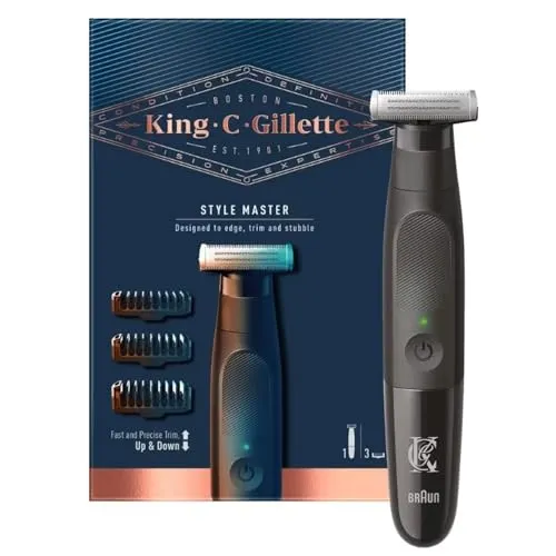 King C Gillette Style Master Barttrimmer für Männer - Gesichtshaartrimmer mit 1 langlebiger 4D-Klinge und 3 Kammaufsätzen, ideal für präzises Trimmen und Rasieren. Wasserdicht und kabellos für maximale Flexibilität.