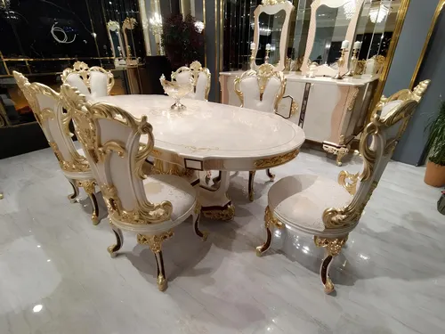 Esszimmer Set Luxus – 8-teiliges Stuhl- und Anrichtenset - Elegantes 8-teiliges Set für das Esszimmer: inklusive Anrichte, ovalem Esstisch und 6 stilvollen Stühlen. Hochwertiges Design im Art-déco-Stil, ideal für gesellige Abende. Maße: Tisch 235x82 cm, Stühle 55x55x120 cm.