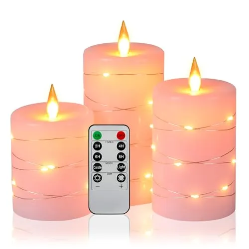 Da by 3 Stück Rosa Paraffin LED Kerzen mit Kupferlichtkette, Realistische Flackerflamme, Batteriebetriebene Premium Kerzen mit Fernbedienung, Wiederverwendbar für Wohn- und Festdekoration
