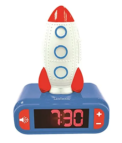 Lexibook Rocket Nachtwecker - Kinderwecker im süßen Rakete-Design mit Nachtlicht und schlaffreundlichem LCD-Display. Mit verschiedenen Weltraum-Tönen und Schlummerfunktion für einen sanften Start in den Tag.