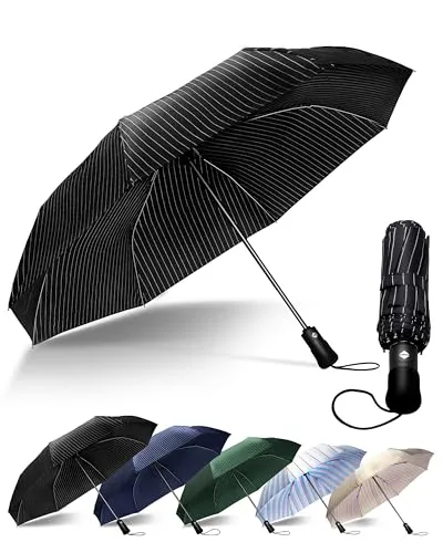 Chakipee Kompakter Reise Regenschirm Groß Sturmfest – Automatik Taschenschirm für Herren und Damen, Tragbarer 210T-Stoff 97 cm Spannweite 9 Rippen Streifenmuster Schirm
