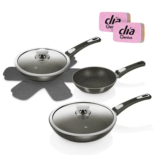 Genius Pfannen-Set Bonafit 9-tlg. – Ø 20, 24, 28 cm - Pfannen-Set aus hochwertigem Edelstahl 18/10, mit abnehmbaren Griffen und antihaftbeschichteten Oberflächen. Ideal für vielseitiges Kochen, hitzebeständig bis 250 °C und spülmaschinengeeignet.