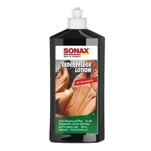 SONAX LederPflegeLotion 250ml - Effektive Lederpflege für Ihr Fahrzeug - Autopflege & Motorradpflege - Die 250ml LederPflegeLotion reinigt und pflegt Lederoberflächen und sorgt für langanhaltenden Schutz und Glanz.