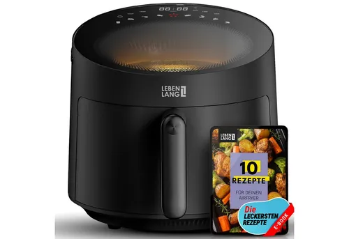 LEBENLANG Heißluftfritteuse 5L - Ölfrei & Fettfrei für gesunde Gerichte - Heißluftfritteusen mit 1500W Power, 8 Programmen und Rezeptbuch - für knusprige Ergebnisse mit bis zu 90% weniger Fett und einfacher Reinigung.