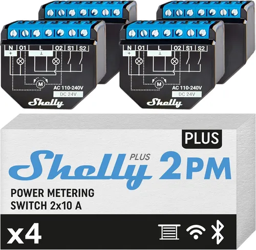 Shelly Plus 2PM - Wlan Smart Relais Schalter mit Stromverbrauchsmessung - Rollladenschalter zur Steuerung von 2 elektrischen Geräten mit Energieüberwachung; ideal für Hausautomation und kompatibel mit Google Home und Alexa.