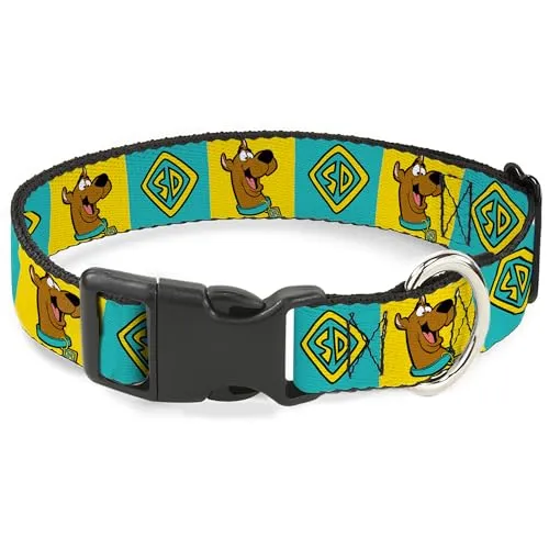 Scooby DOO Hundehalsband, Kunststoffschnalle, Scooby DOO Pose und Erkennungsmarke, Blöcke, Gelbblau, 33 bis 43 cm, 3,8 cm breit