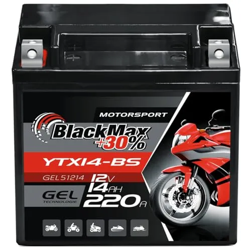BlackMax YTX14-BS Motorradbatterie - GEL 12V 14Ah, hohe Startleistung und wartungsfrei, ideal für Motorrad und Roller