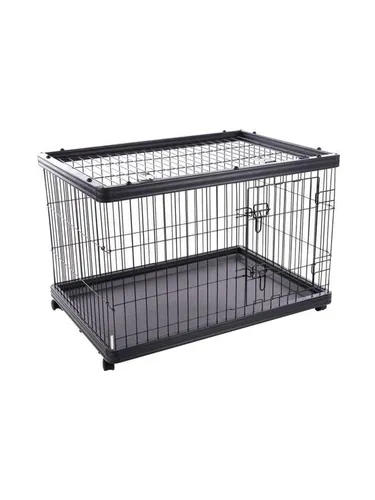 FLAMINGO Dogkennel auf Rollen Pasy - Schwarz - 97,5 x 66,5 x 69 cm - Der FLAMINGO Dogkennel auf Rollen Pasy in Schwarz vereint Stil und Funktionalität. Aus robustem Holz-Kunststoff-Verbundstoff gefertigt, ist er leicht zu reinigen und ideal für den Innenbereich. Mit klappbarem Dach und bremsbaren Rädern für optimale Mobilität.