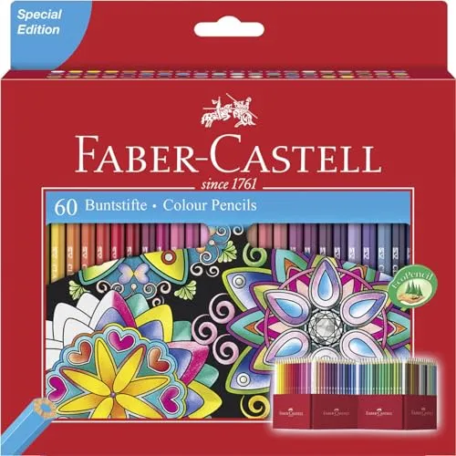 Faber-Castell 111260 Castle Buntstifte Set, 60 Farben, hexagonal, bruchsicher, weiche Mine, hohe Farbbrillanz, Malzubehör für Kinder & Erwachsene