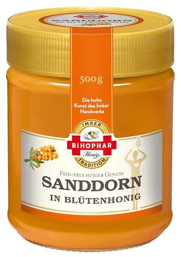 Bihophar Sanddorn in Blütenhonig Zitrone des Nordens 500g - Brotaufstrich mit einzigartigem Sanddorngeschmack, reich an Vitaminen und perfekt für ein gesundes Frühstück.