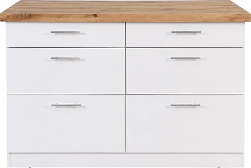 Vente-unique Kücheninsel ALEGRITA mit 6 Schubladen - Unbewegliche Kücheninseln mit 6 Schubladen aus MDF & Metall, ideal für zusätzlichen Stauraum und Platz für 2 Sitzgelegenheiten. Hochwertige Verarbeitung in Weiß und hellen Holzfarben.