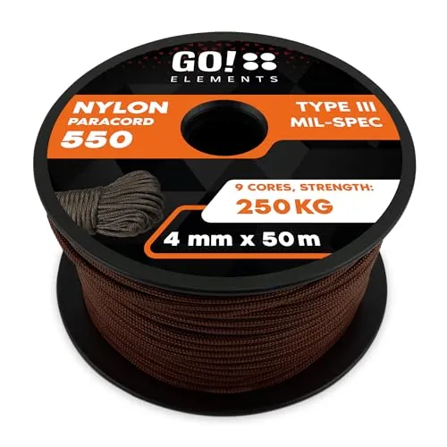 GO!elements Paracord 550 - 4mm Abspannleine - Camping-Zubehör mit reißfester Nylonschnur in Braun, ideal für Outdoor-Abenteuer und vielseitige Anwendungen.