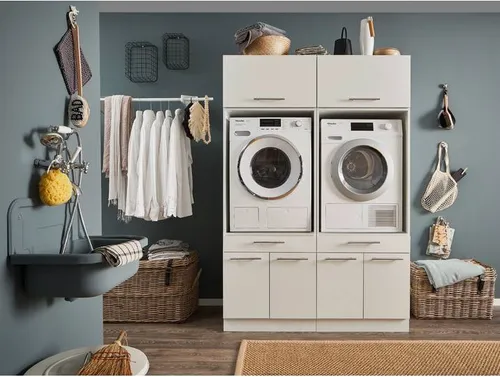 LAUNDREEZY Waschmaschinenschrank mit Schrankaufsatz, Weiß - TÜV-zertifiziert und platzsparend - Podeste & Rahmen für Waschmaschinen - Bietet viel Stauraum mit Softclose-Türen und praktischem Auszug, ideal für eine stilvolle und funktionale Gestaltung Ihres Haushalts.