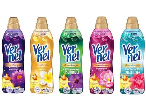 Vernel Aromatherapie Weichspüler Mix-Set - 5 x 39 WL Weichspüler mit ätherischen Ölen für langanhaltende Frische. Recycelbare Flasche, ideal für die Verwendung in der Waschmaschine.