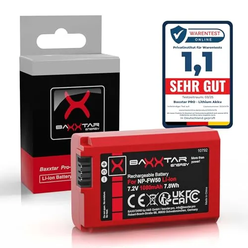 Baxxtar NP-FW50 Akku 1080mAh kompatibel mit Sony Alpha 7 7R 7II 7S A5000 A6000 A6300 A6400 A6500 A7 A7S A7R A7II ZV-E10 DSC RX10 Mark II III IV RX1R III DSC-RX1RM3 NEX 3 5 6 C3 F3 NPFW50