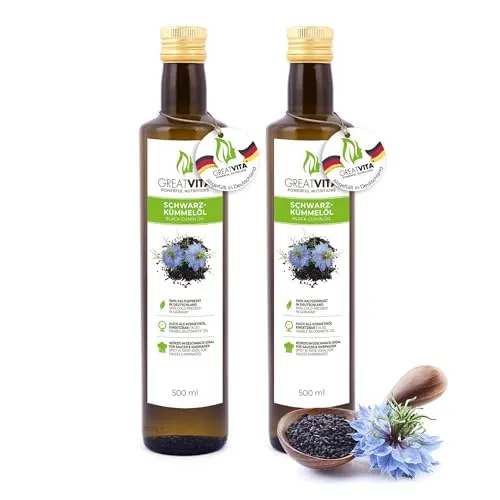 GREAT VITA Schwarzkümmelöl, kaltgepresst und 100% rein, 1 l - Speiseöl mit 100% reinem, kaltgepresstem Schwarzkümmelöl, ideal für Haar- und Hautpflege sowie zum Verfeinern von Speisen mit orientalisch-würziger Note.