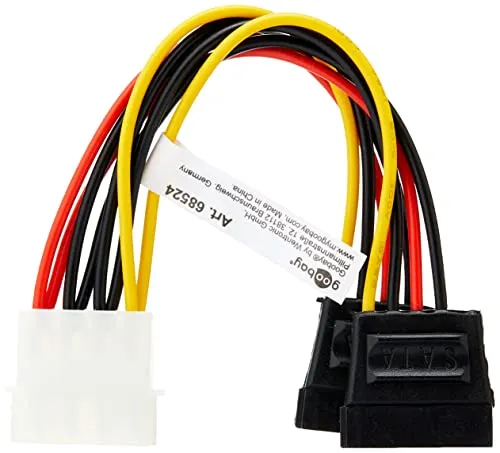 goobay SATA Stromkabel Y-Adapter, Molex auf 2x SATA Strom Splitter, 4-Pin auf 15-Pin Verteiler für SSD, HDD Festplatten & DVD Laufwerke - 68524
