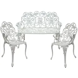 abc HOME Gartenmöbel Set 3tlg. - Aluminiumguss im Jugendstil - Elegantes Gartenmöbel Set mit zwei Stühlen und einer Bank aus robustem Aluminiumguss. Ideal für entspannte Stunden im Garten oder auf der Terrasse.
