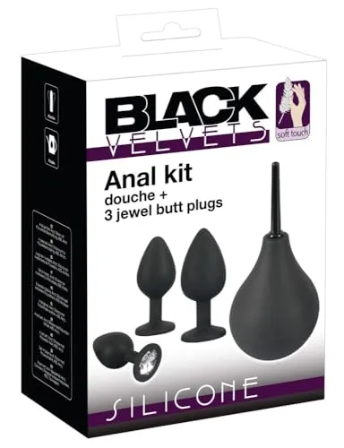 Black Velvets Anal Kit - 4-teiliges Analplug-Set für Frauen und Männer, mit Analdusche, in unterschiedlichen Größen und Glitzerstein-Stopper, schwarz