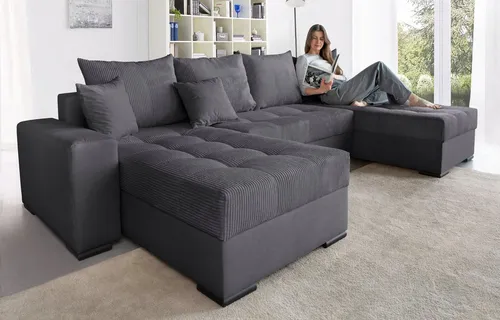 COLLECTION AB Wohnlandschaft XL-Josy U-Form, 313 cm mit Bettfunktion - Moderne Wohnlandschaft mit Federkern-Polsterung, inklusive Bettkasten für zusätzlichen Stauraum und Gästeübernachtungen. Ideal für ein stilvolles Wohnzimmer.