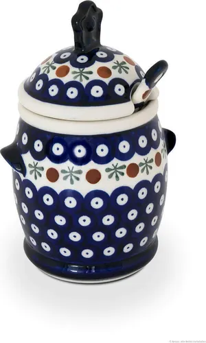 Original Bunzlauer Keramik 650 ml Honigtopf mit Honiglöffel 12,5 x 19,3 cm Design 41 - Türkis