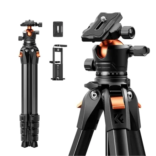K&F CONCEPT Kamera Stativ Handy Stativ,Kamerastativ, Tripod für Smartphone mit Handy Tablet Halterung, Aluminium Reisestativ (Vorwärtsklappbar, 10KG+162CM)