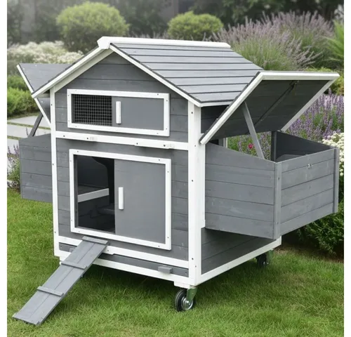 Mucola Rollbarer Hühnerstall mit 2 Nestboxen – Grau/Weiß - Mobiler Hühnerstall mit praktischen Rollen für flexibles Umstellen. Bietet artgerechten Schutz und Bewegungsfreiheit für Ihre Tiere. Ideal für eine moderne Freilandhaltung.