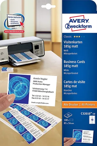 AVERY Zweckform C32010-10 Visitenkarten - Vielzweck-Etiketten, 100 Stück, matt beschichtet für professionelle und ansprechende Visitenkarten.
