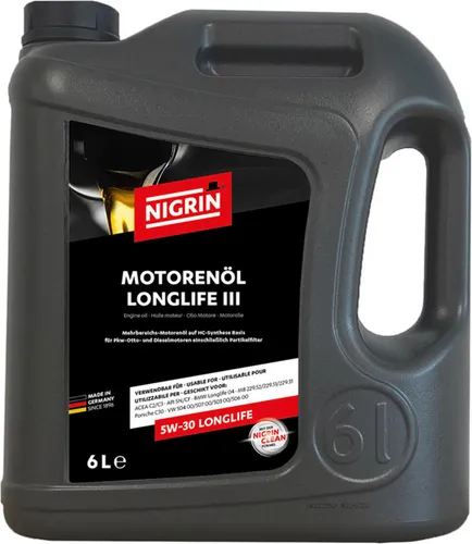 NIGRIN Motorenöl 5W-30 LongLife III | 6 Liter - Motoröl für Pkw- Otto- und Dieselmotoren, bietet hervorragenden Verschleißschutz und ist ideal für Abgasnachbehandlungssysteme dank niedrigem Schadstoffgehalt.