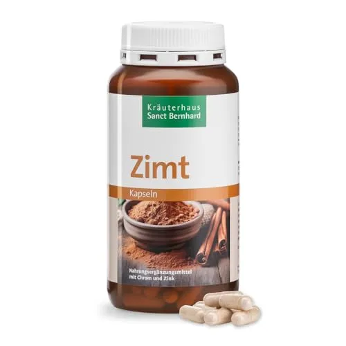 Sanct Bernhard Zimt-Kapseln mit Chrom & Zink - 180 Kapseln - Zinkpräparate mit 200 mg Zimtextrakt pro Kapsel, unterstützt normalen Blutzuckerspiegel und Kohlenhydratstoffwechsel.