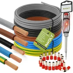 INVOLT H07V-K 10 mm² Stromkabel Set – 5 x 2m - Praktisches Kabelset mit 5 Einzeladern in Schwarz, Blau, Braun, Grau und Grün-Gelb. Ideal für professionelle Verdrahtungen, inklusive 20 Aderendhülsen für sichere Verbindungen.