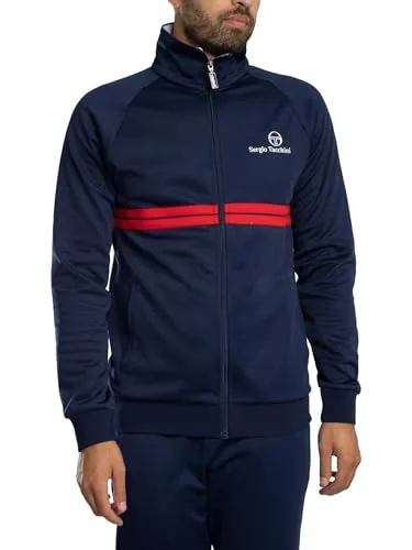 Sergio Tacchini Neue Dallas Trainingsjacke, Blau - L - Die Sergio Tacchini Dallas Trainingsjacke in Maritime Blue vereint Retro-Stil und Funktionalität. Mit markantem Brustlogo, elastischen Bündchen und Taschen ist sie ideal für sportliche Aktivitäten und den Alltag.