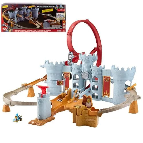 Hot Wheels Mario Kart Bowsers Festung Trackset mit Kamek - Fahrzeuge & Rennwagen für Kinder – Erlebe interaktive Rennen mit über 86 cm großem Trackset, inklusive exklusivem Kamek und Platz für 38 Fahrzeuge!