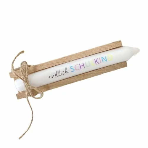AWASG Kerze mit Spruch Endlich Schulkind - Deko Accessoire 1. Schultag - Geschenk Einschulung Schuleinführung Schultüte - Stabkerze mit Kerzentattoo