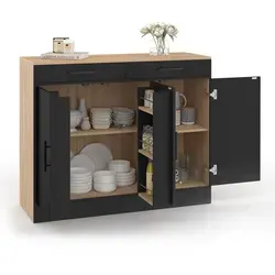 IDMarket Küchenbuffet Alto 110 cm – Buchenholzoptik & Schwarz - Praktisches Küchenbuffet mit 110 cm Breite, stilvollem Design in Buchenholzoptik und schwarzen Türen. Ideal für zusätzlichen Stauraum und Ordnung in der Küche.