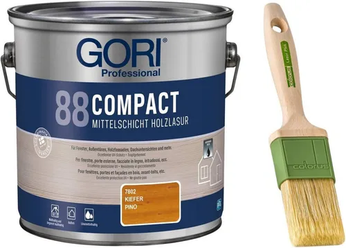 GORI 88 Compact-Lasur (2,50 Liter) mit Pinsel - Holzlasuren für langlebigen Schutz und brillantes Aussehen, inklusive Profil-Lasurpinsel für eine einfache und präzise Anwendung auf allen Holzoberflächen.