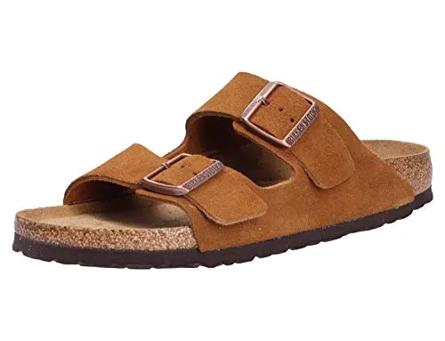 Birkenstock Arizona SBF Frauen 2 Riemen Wildleder Sandale Tan – 9 UK - 43 EU - 10/10.5M US - Bequeme Birkenstock Arizona Sandale aus hochwertigem Wildleder in Minkbraun. Das anatomisch geformte Fußbett und die zwei verstellbaren Riemen garantieren optimalen Tragekomfort und eine perfekte Passform für schmalere Füße.