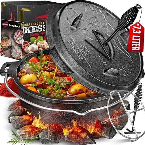 KESSER® Dutch Oven Set BBQ - Gusseisen Feuertopf - Grillzubehör: Hochwertiger Gusseisen Topf mit hitzebeständigem Schürhaken und großem Fassungsvermögen, ideal für Outdoor und Indoor Kochen.