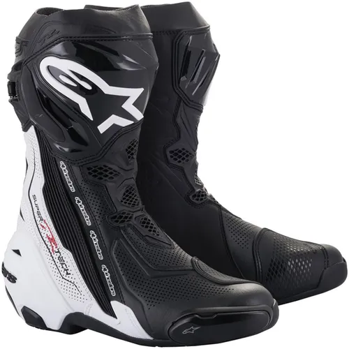 Alpinestars Supertech R Vented Motorradstiefel (Black/White, 45) - Motorradschutzstiefel für Herren, mit innovativem TPU-Stretch-Panel-Design für optimalen Komfort und Sicherheit bei Top-Rennen.