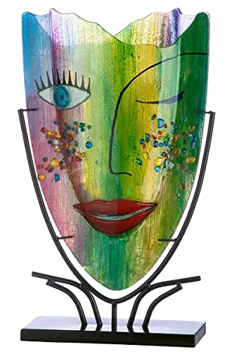 Glas Art Vase Dekovase Gesichtsvase aus Metallfuß - Handbemalte Tischvase "Amour" mit Fusingglas Elementen, 49 cm hoch - ein einzigartiges Kunstwerk für stilvolle Wohnräume und das perfekte Geschenk für besondere Anlässe.