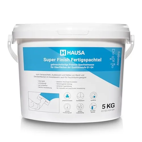 Hausa Fertigspachtel HSFF, gipsgebunden, 5-tlg. Eimer - Ideal für Innenräume: Dieser gipsgebundene Fertigspachtel sorgt für ein super Finish mit schneller Austrocknung und rissbeständiger Flexibilität. Perfekt für professionelle Anwendungen.