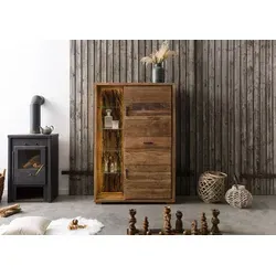 Highboard Akazie 100x40x150 – Rustikales Design mit LED-Beleuchtung - Hochwertiges Akazie Highboard mit viel Stauraum und integriertem Regalteil. Die LED-Beleuchtung setzt die Rückwand aus Baumrinde eindrucksvoll in Szene und harmoniert perfekt mit weiteren Massivholzmöbeln der Serie BARK.
