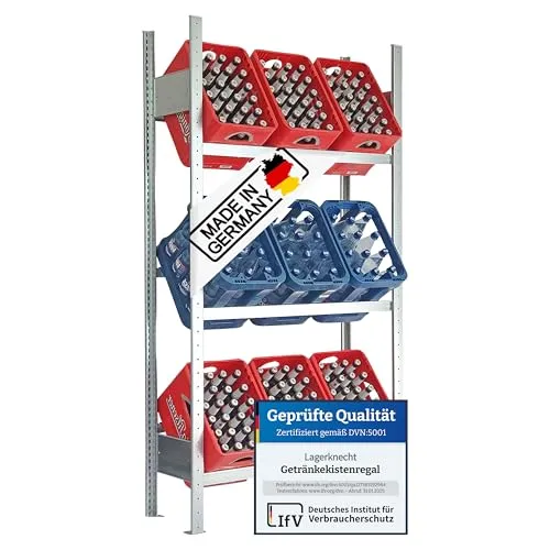 Lagerknecht Standregal für Getränkekisten – Made in Germany - Das GS-zertifizierte Getränkekistenregal bietet optimalen Stauraum für 9 Kisten. Mit einfacher Stecktechnik schnell aufgebaut, ideal für effiziente Lagerung und Nutzung im gewerblichen Bereich. 5 Jahre Hersteller-Garantie.