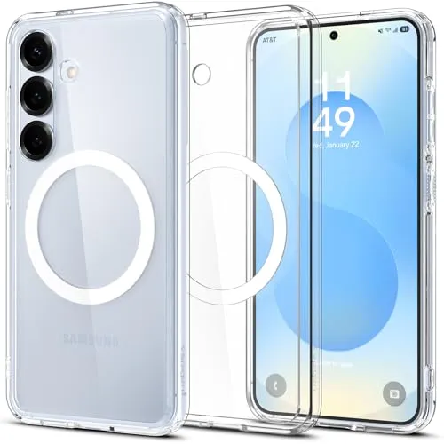Spigen Ultra Hybrid MagFit Hülle für Samsung Galaxy S25 Plus - Clear White, MagSafe kompatibel - Standard Handyhüllen mit integriertem Magnet für sicheren Halt des kabellosen Ladegeräts und optimalem Schutz durch Air Cushion Technologie.