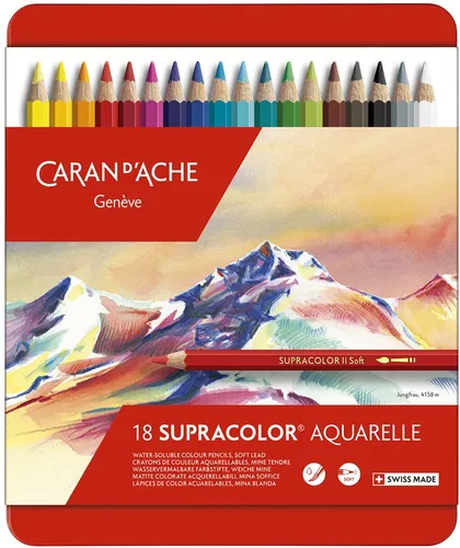 Caran D Ache Supracolor Soft Pencils - 18 wasservermalbare Farbstifte in Blechdose, ideal für mehrschichtiges Malen und Farbmischen