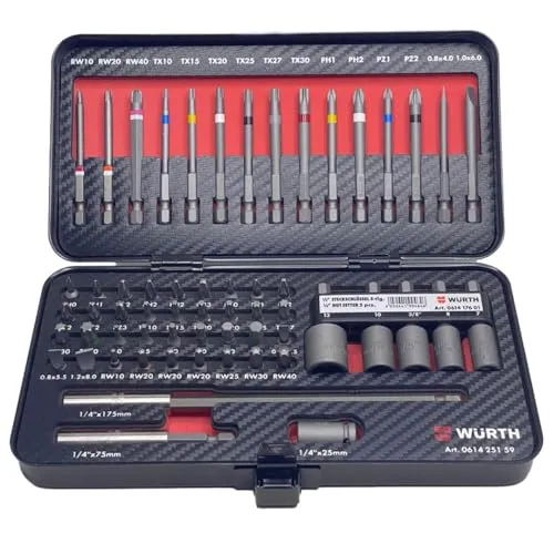 Würth Zebra 1/4 Zoll Bit-Sortiment - 59 Teile in Metallkassette - Werkzeug-Sets: 59-teiliges Profi Bitsatz mit kurzer und langer Ausführung, inklusive praktischem Farbleitsystem für einfache Entnahme und übersichtliche Lagerung.